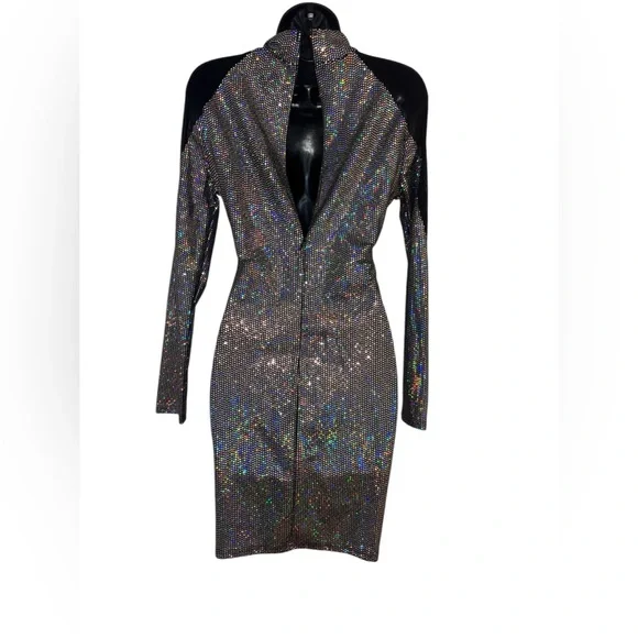 ChicMe Black & Silver Disco Style Long Sleeve Dress Medium NWOT - Picture 4 of 7